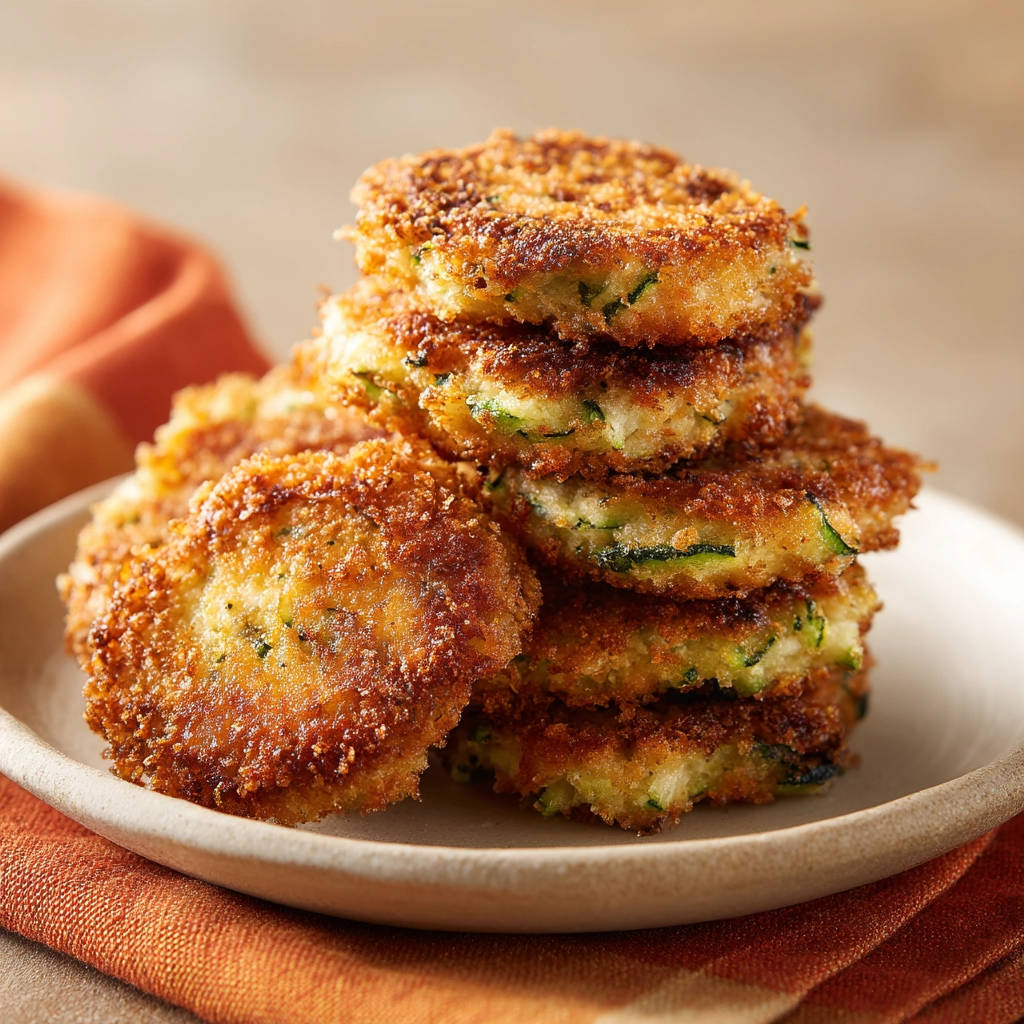 Zucchini-Puffer, die zu einem Stapel auf einem Teller angerichtet sind, mit einer Nahaufnahme der knusprigen Panade und dem grünen Zucchini-Inneren.