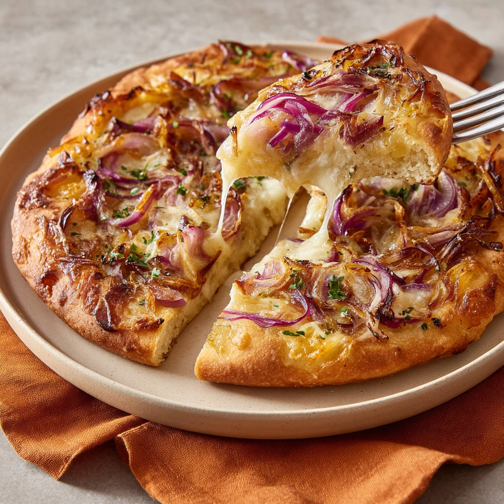 Zwiebel Focaccia mit Käse, ein Stück wird von einer Gabel aus der ganzen Focaccia gehoben, was den geschmolzenen Käse zeigt.
