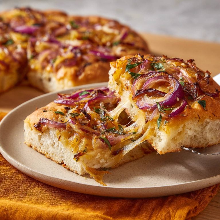 Zwiebel Focaccia mit Käse, angeschnitten auf einem Teller mit geschmolzenem Käse und roten Zwiebeln