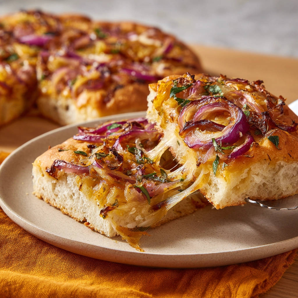 Zwiebel Focaccia mit Käse, angeschnitten auf einem Teller mit geschmolzenem Käse und roten Zwiebeln