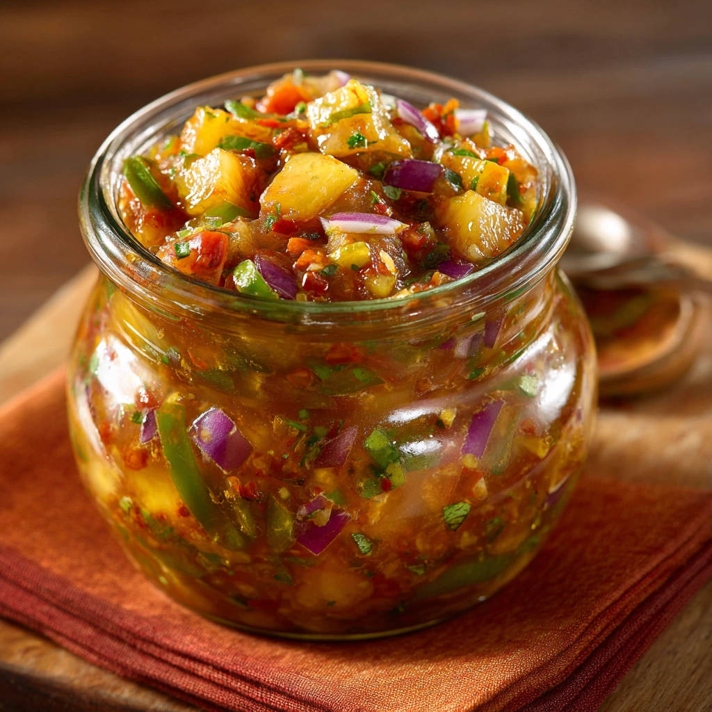 Ananas Salsa Rezept Nahaufnahme im Glas mit roten Zwiebeln und Chilis, frisch zubereitet und appetitlich angerichtet.