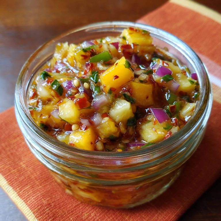 Ananas Salsa im Glas, nahaufnahme der frischen Zutaten und der würzigen Textur