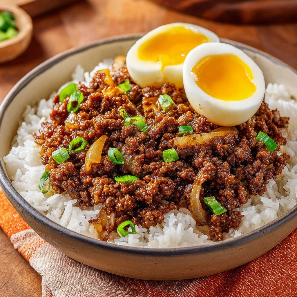 Asiatische Hackfleisch-Reis-Bowl mit einem weichen Ei und Frühlingszwiebeln, serviert in einer Schüssel.