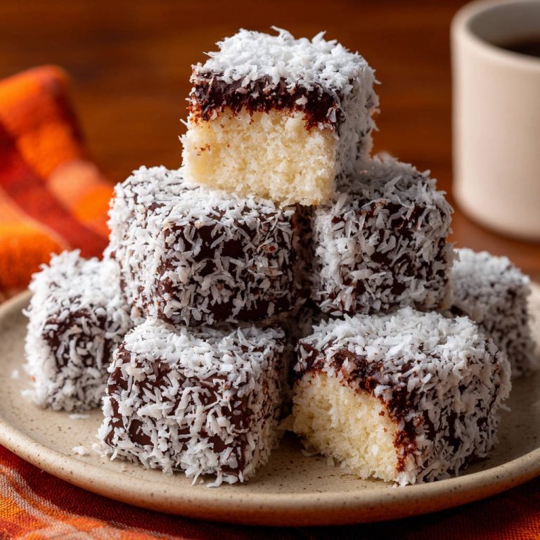 Australische Kokoswürfel angeschnitten, die Schokolade und Kokosraspeln zeigen, mit einem Stück Kuchen im Vordergrund.