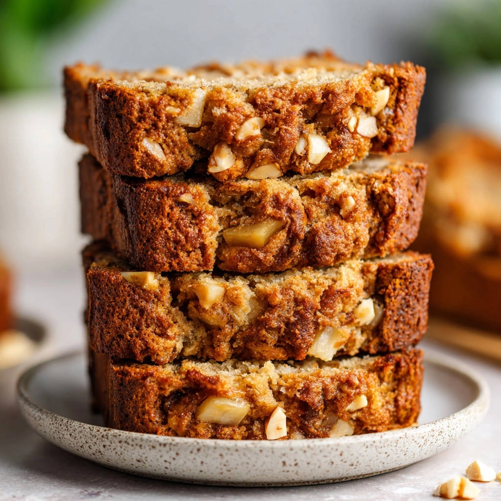 Bananenbrot mit Walnüssen, eine Nahaufnahme von gestapelten saftigen Scheiben mit sichtbaren Nüssen.