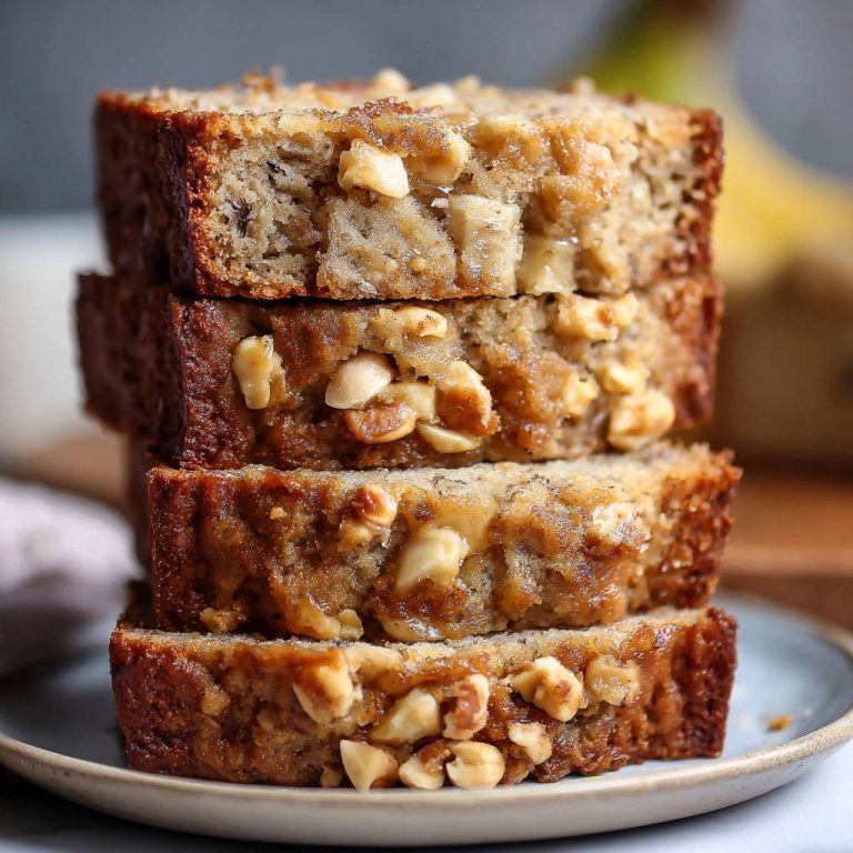 Bananenbrot mit Walnüssen, vier saftige Scheiben gestapelt auf einem Teller, Nahaufnahme