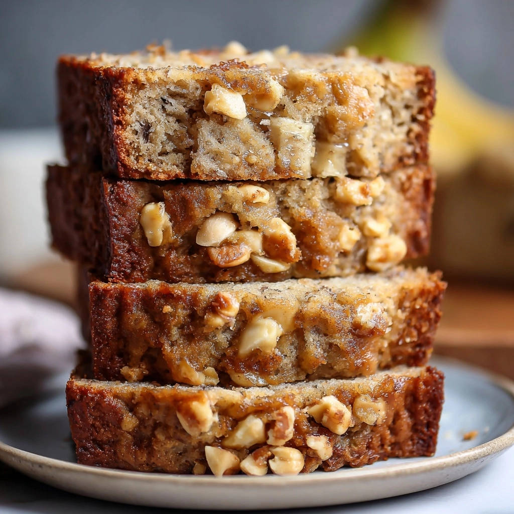 Bananenbrot mit Walnüssen, vier saftige Scheiben gestapelt auf einem Teller, Nahaufnahme