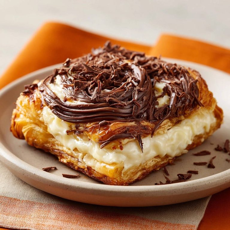 Blätterteig-Teilchen mit Vanille- und Schoko-Creme, Nahaufnahme der opulenten Füllung und Schokostreusel