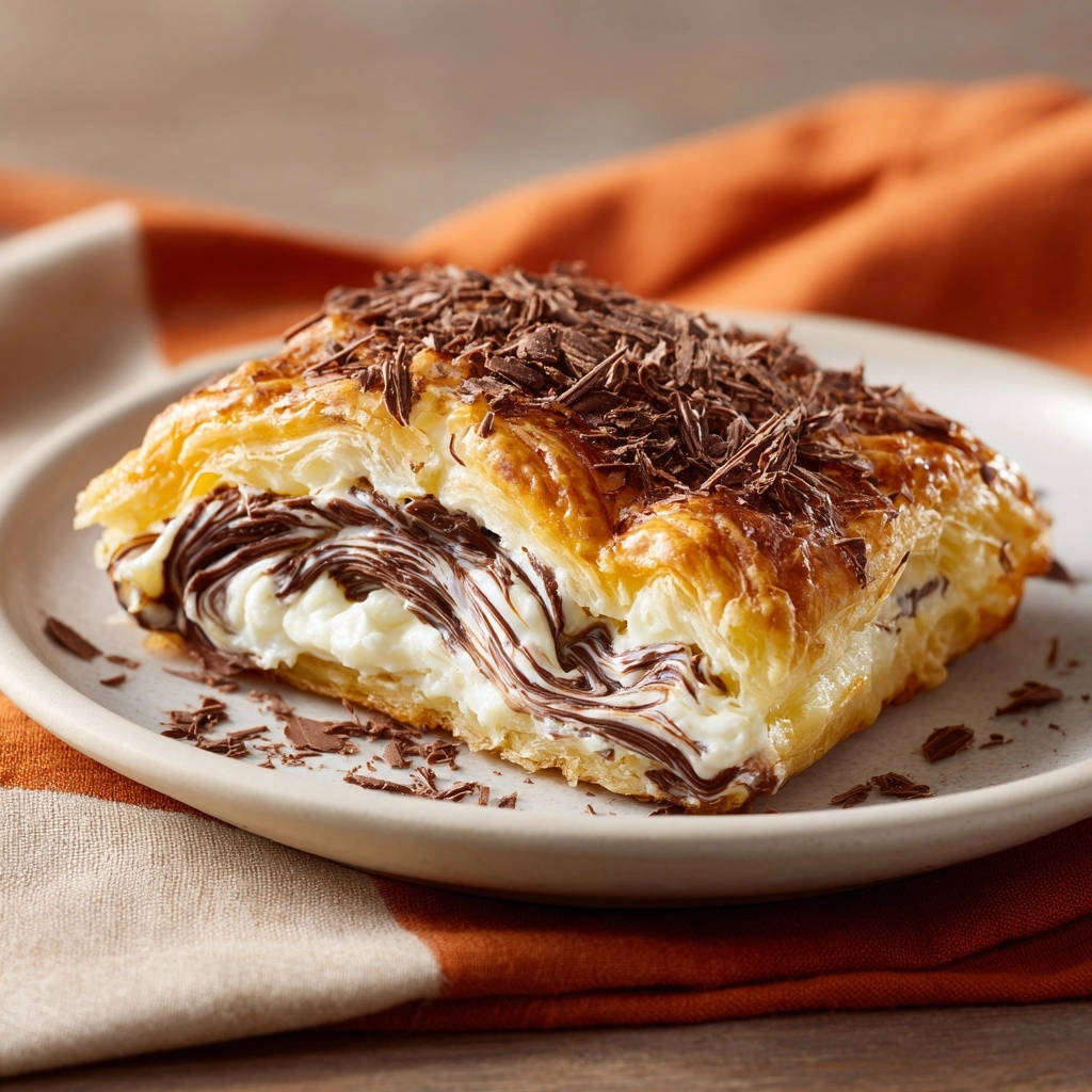 Blätterteig-Teilchen mit Vanille- & Schoko-Creme im Anschnitt, Schichten von Blätterteig und cremiger Füllung mit Schokoladenwirbeln.