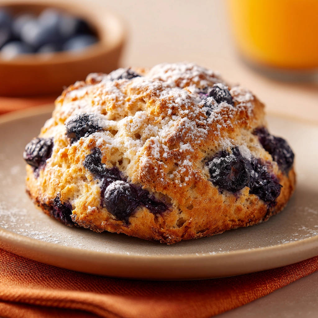 Blaubeer Scones, bestreut mit Puderzucker auf einem Teller, mit Blaubeeren und Orangensaft im Hintergrund