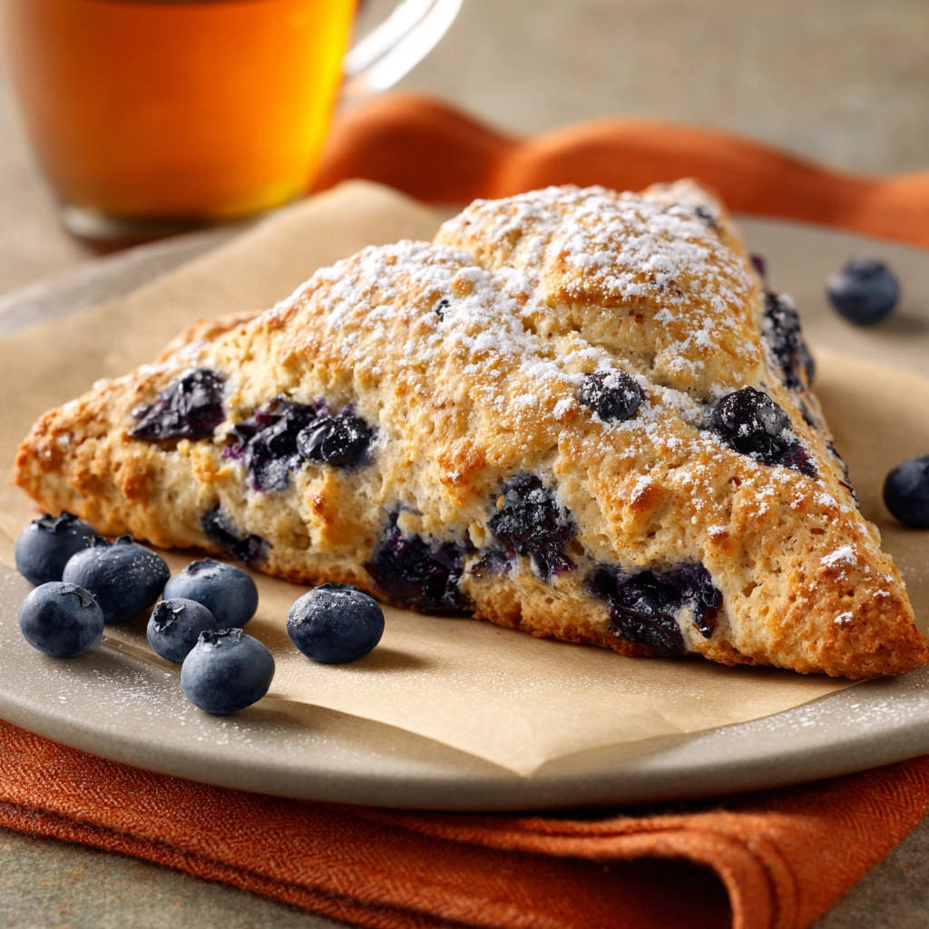 Blaubeer Scones, ein einzelnes Stück auf einem Teller mit Puderzucker bestreut, daneben frische Blaubeeren und eine Tasse Tee.