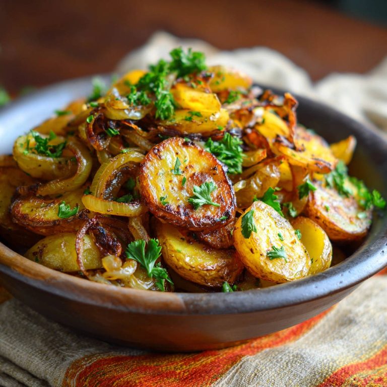 Knusprige Bratkartoffeln mit Zwiebeln, nahaufnahme des garnierten Gerichts in einer Schüssel mit Petersilie.