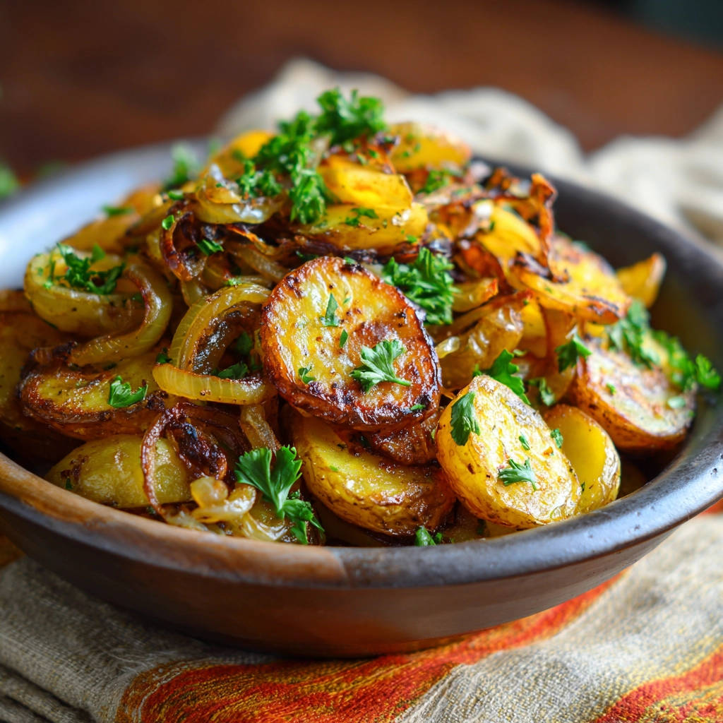 Knusprige Bratkartoffeln mit Zwiebeln, nahaufnahme des garnierten Gerichts in einer Schüssel mit Petersilie.