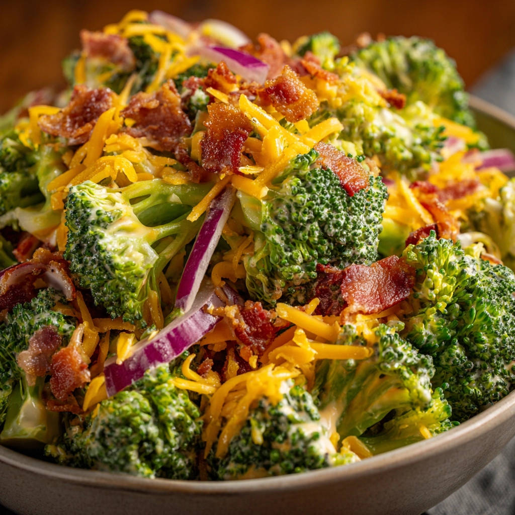 Brokkolisalat mit Speck und Käse, eine Nahaufnahme, die die knackigen Röschen, roten Zwiebeln und den Käse zeigt.