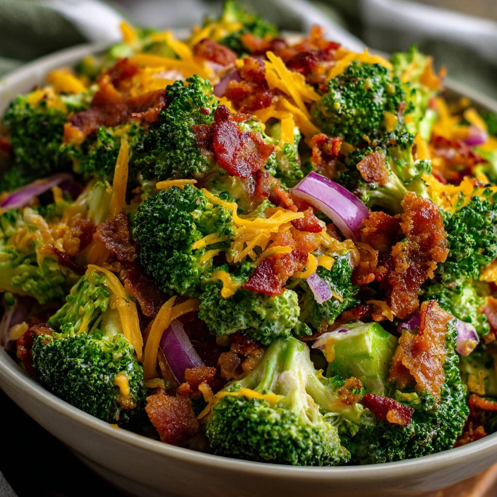 Brokkolisalat mit Speck und Käse in einer Schüssel, Nahaufnahme der knackigen Textur und Zutaten.