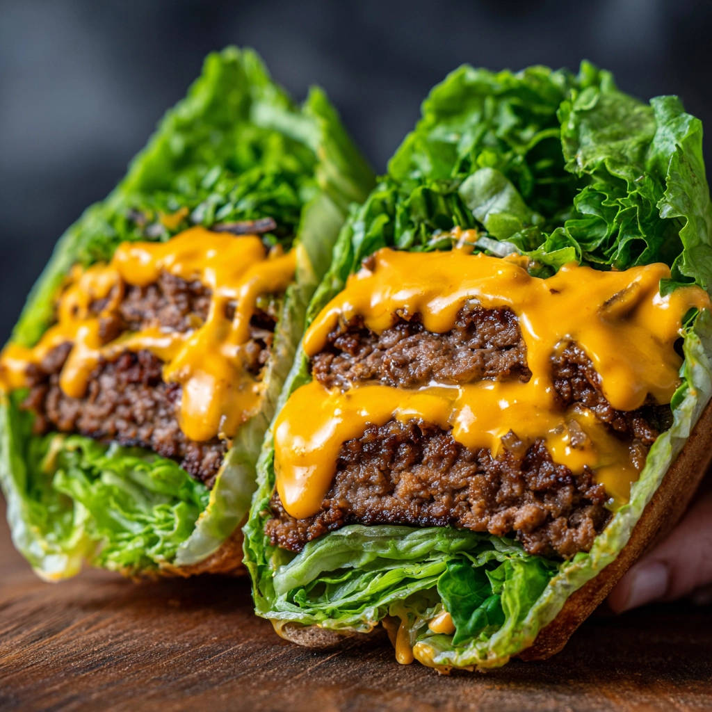 Burger im Salatblatt als Doppeldecker im Nahaufnahme mit geschmolzenem Käse auf rustikalem Holzbrett serviert.