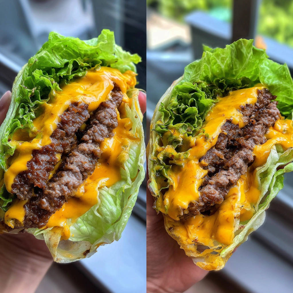 Burger im Salatblatt: Saftig & ohne Brötchen genießen, hier als Nahaufnahme mit geschmolzenem Käse auf dem Hackfleisch.
