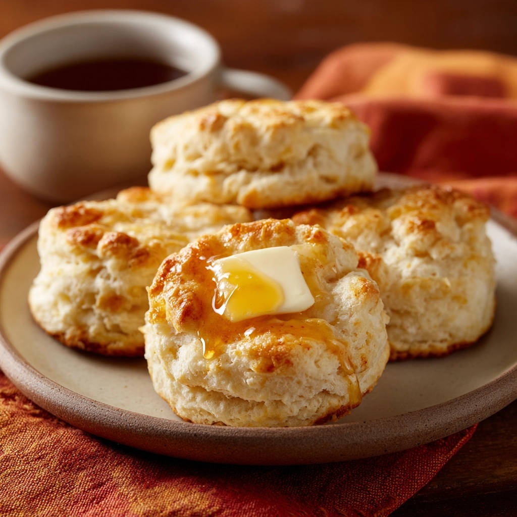 Fluffige Buttermilch-Biscuits mit Honig und Butter, auf einem Teller serviert, nahaufnahme