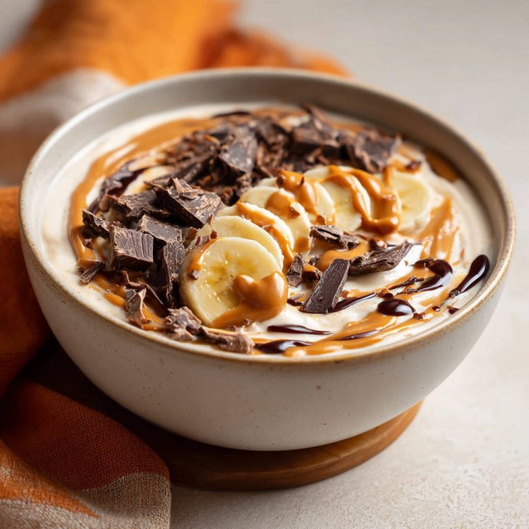 Cremige Bananen-Erdnussbutter Bowl mit Schokostückchen und Erdnussbutter-Swirls, Nahaufnahme der Toppings