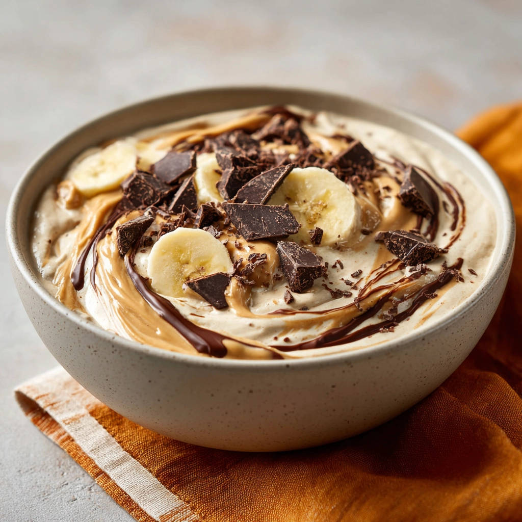 Cremige Bananen-Erdnussbutter Bowl mit Bananenscheiben, Schokoladenstückchen und Erdnussbutter-Swirls, garniert mit Schokostreuseln.