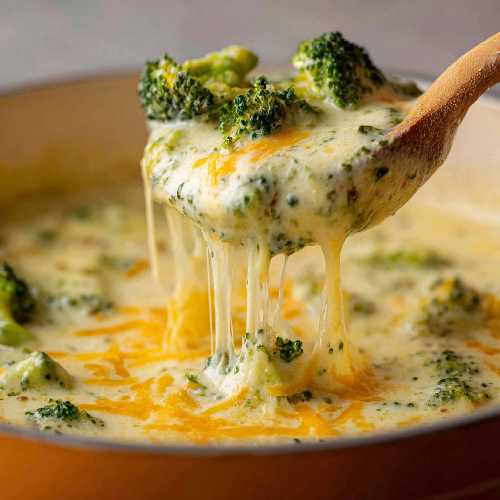 Cremige Brokkoli-Käse Suppe mit geschmolzenem Käse, der von einem Holzlöffel abtropft.