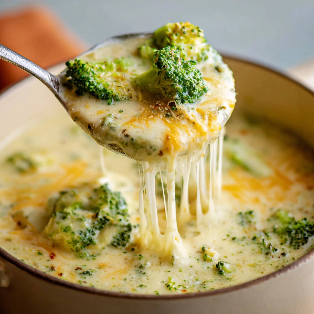 Cremige Brokkoli-Käse Suppe mit geschmolzenem Käse, der von einem Löffel herunterhängt und die köstliche Konsistenz zeigt.