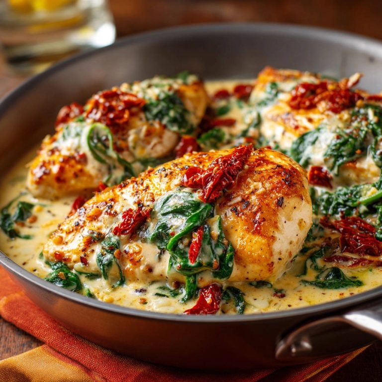 Cremige Hähnchenpfanne mit Spinat und Tomaten in einer Pfanne, Nahaufnahme der saftigen Hähnchenbrust mit Sauce.