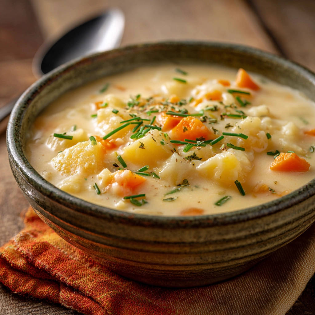 Cremige Kartoffel-Karotten-Suppe mit frischen Kräutern garniert, nahaufnahme des Inhalts in einer Schüssel.