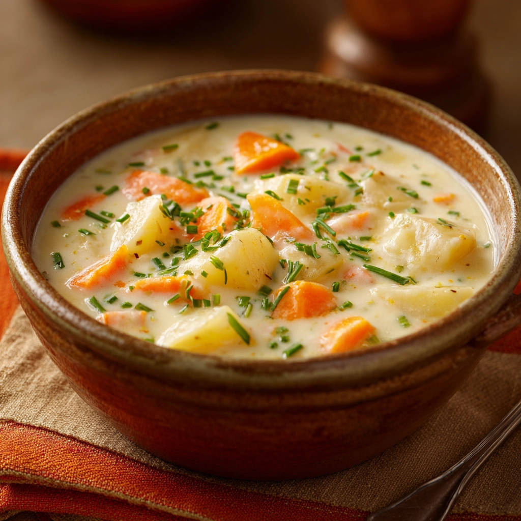 Cremige Kartoffel-Karotten-Suppe in einer braunen Schüssel, garniert mit frischen Kräutern und Nahaufnahme der stückigen Einlage.