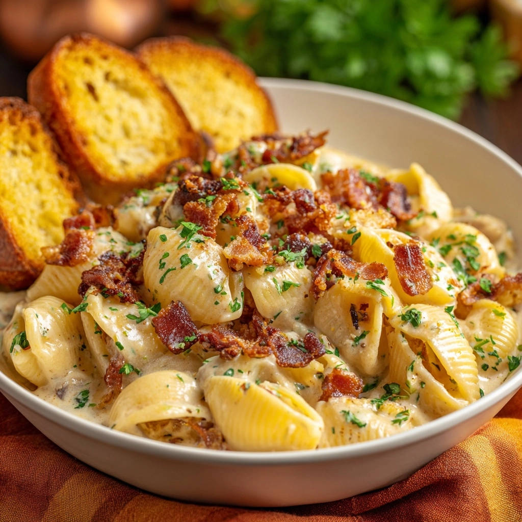 Cremige Muschelpasta mit Speck, garniert mit frischer Petersilie und knusprigem Speck, serviert mit geröstetem Brot.