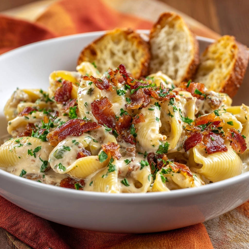 Cremige Muschelpasta mit Speck, garniert mit frischer Petersilie und knusprigem Speck, serviert mit geröstetem Brot.