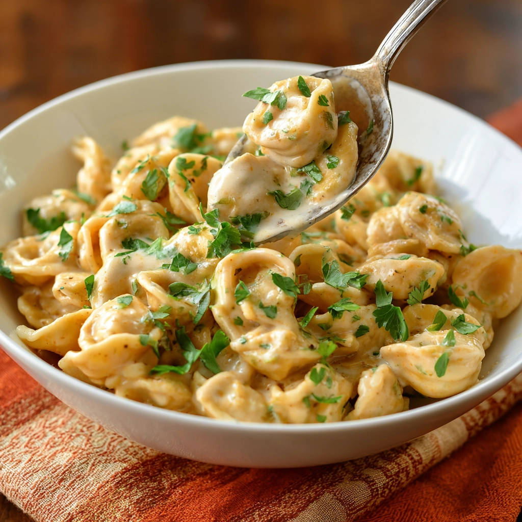 Cremige Orecchiette mit karamellisierten Zwiebeln, eine Löffelaufnahme zeigt die cremige Pasta mit frischer Petersilie garniert.