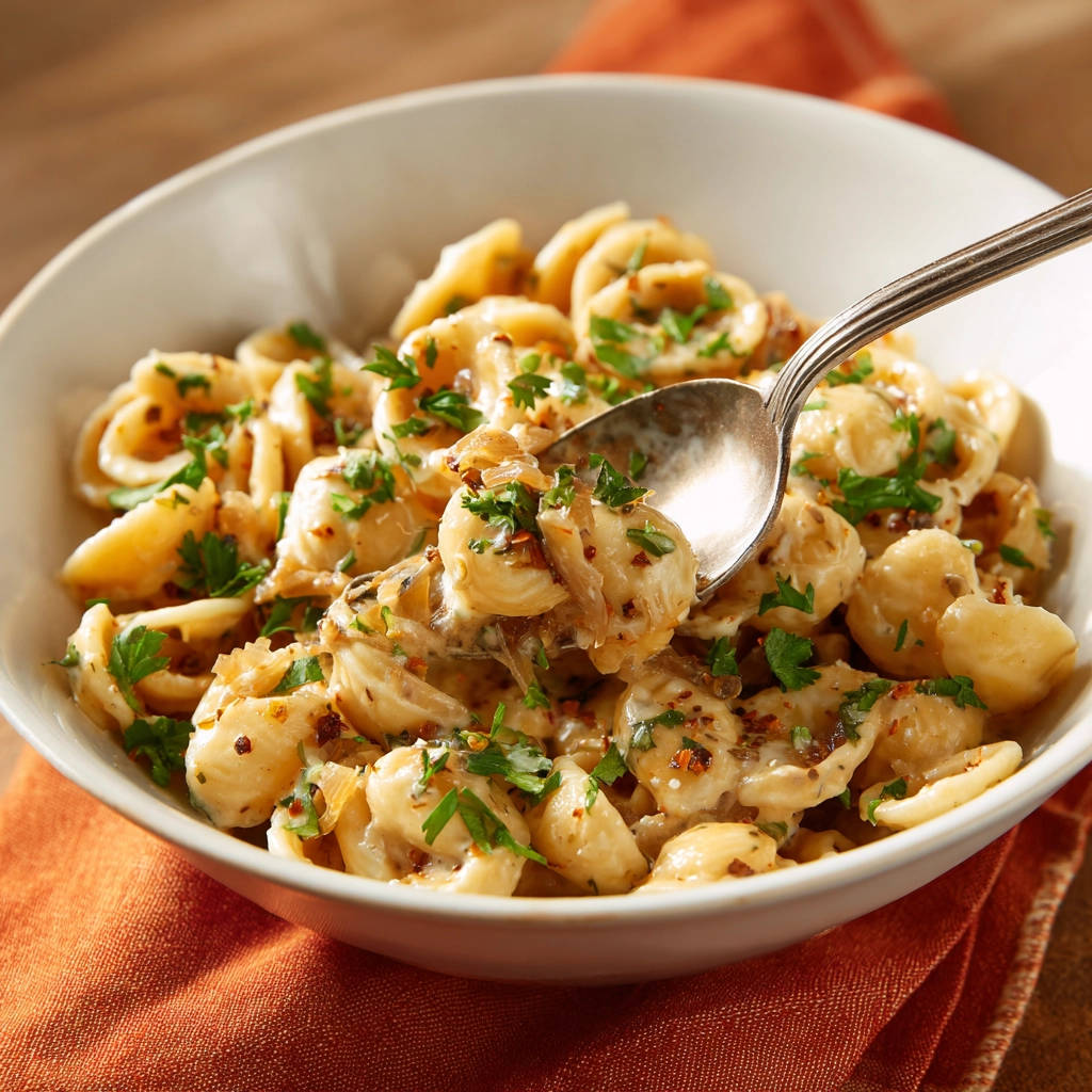 Cremige Orecchiette mit karamellisierten Zwiebeln, nah aufgenommen mit einem Löffel voller Pasta und Sauce, garniert mit Petersilie.