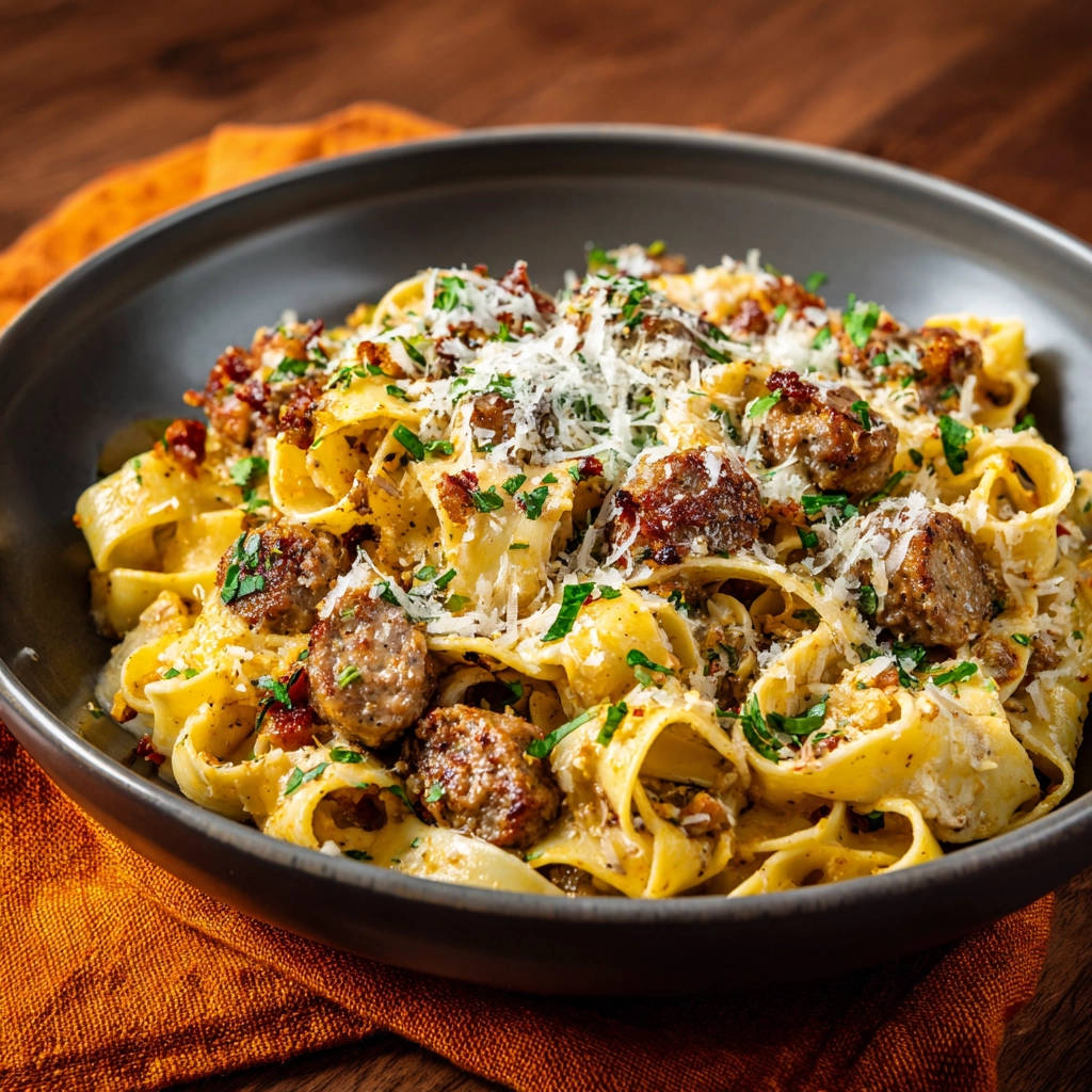 Cremige Pasta mit Bratwurstbrät, serviert in einer Schüssel mit geriebenem Käse und frischer Petersilie als Garnitur.