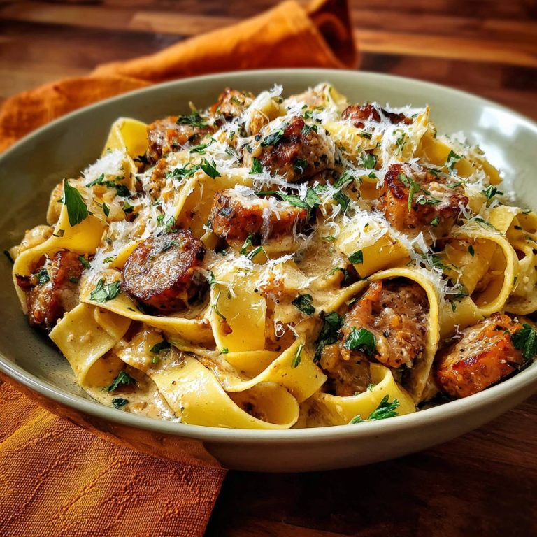 Cremige Pasta mit Bratwurstbrät in einer Schüssel, nahaufnahme mit geschmolzenem Käse und Petersilie garniert.