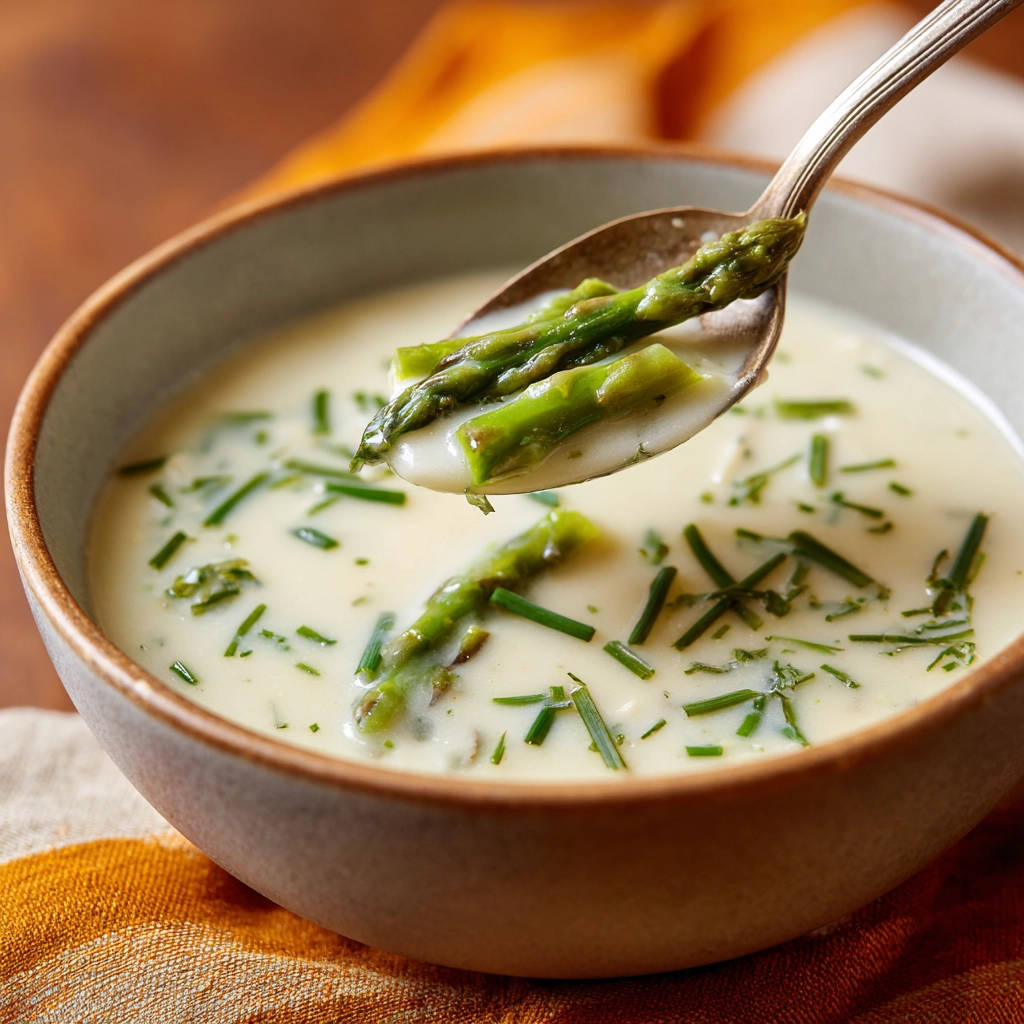 Cremige Spargelsuppe mit Spargelstücken, die auf einem Löffel aus der Schüssel gehoben werden.