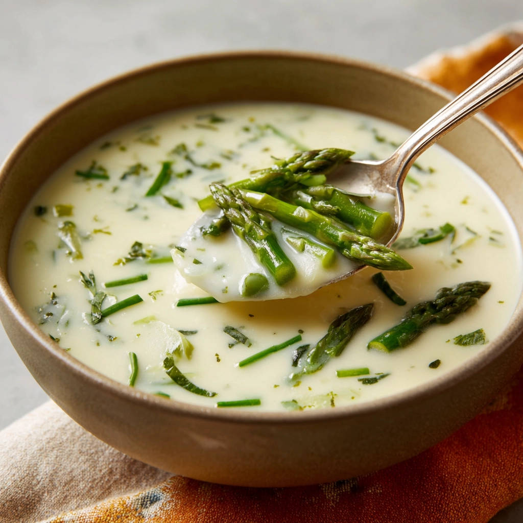 Cremige Spargelsuppe mit einem Löffel voller Spargelspitzen und cremiger Suppe, Nahaufnahme.