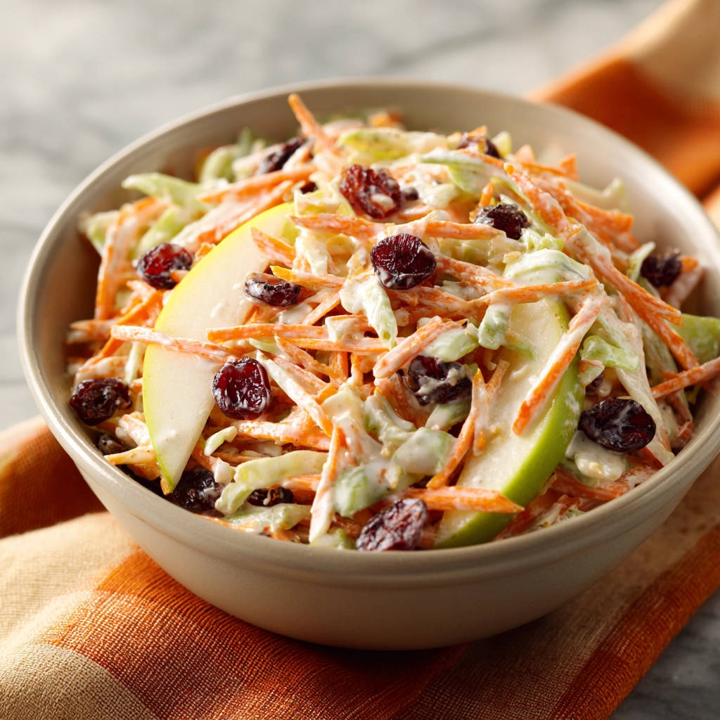 Cremiger Karottensalat mit Apfel & Cranberries, eine Nahaufnahme, die die Karottenstreifen, Apfelscheiben und Cranberries in der cremigen Sauce zeigt.