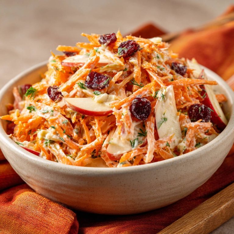 Cremiger Karottensalat mit Apfel & Cranberries als Nahaufnahme in einer Schüssel, garniert mit Dill.