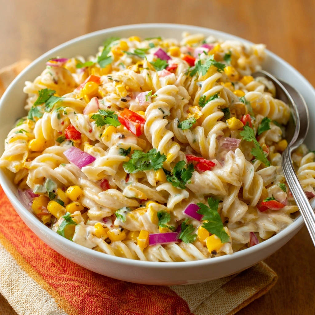 Cremiger Nudelsalat mit Mais, nah aufgenommen mit frischem Koriander und roten Zwiebeln, serviert in einer weißen Schüssel.
