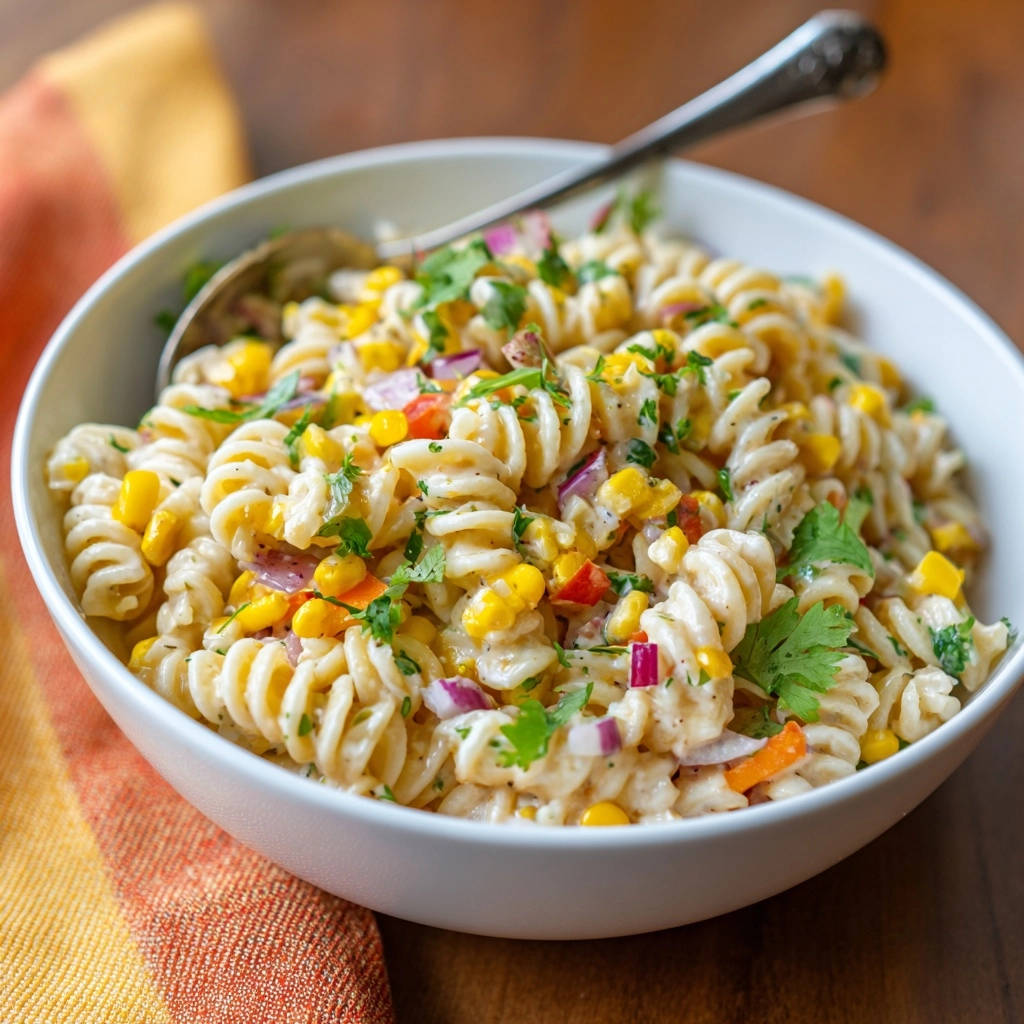 Cremiger Nudelsalat mit Mais in einer Schüssel, Nahaufnahme der cremigen Textur und frischen Zutaten.
