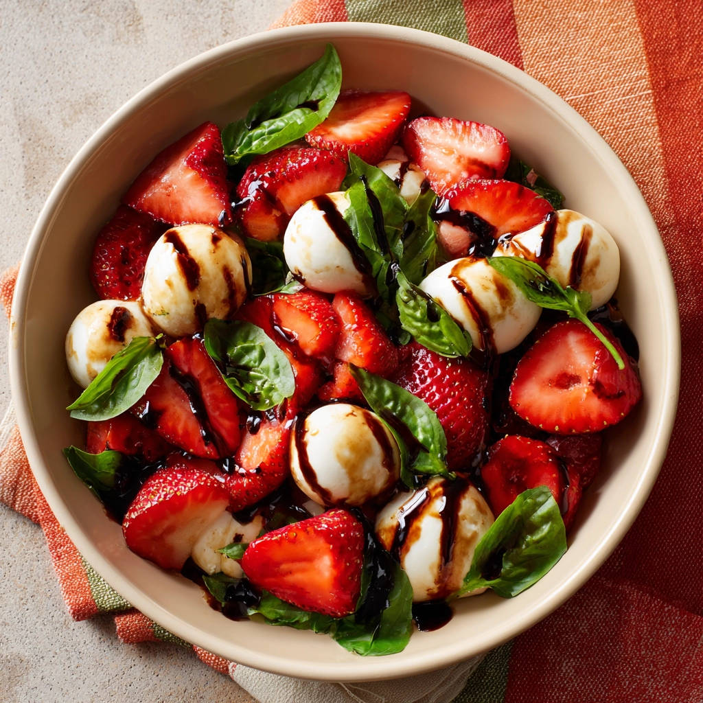 Erdbeer-Caprese mit Balsamico-Glasur, serviert in einer Schüssel mit frischem Basilikum und Mozzarella-Kugeln.