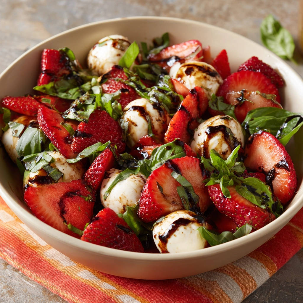 Erdbeer-Caprese mit Balsamico-Glasur, nahaufnahme der Zutaten und frischem Basilikum in einer Schüssel.