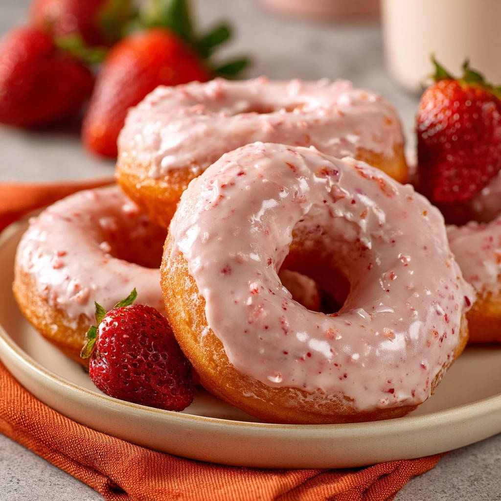 Erdbeer-glasierte Donuts mit fluffiger Textur und detaillierter Ansicht der Glasur und frischen Erdbeeren.