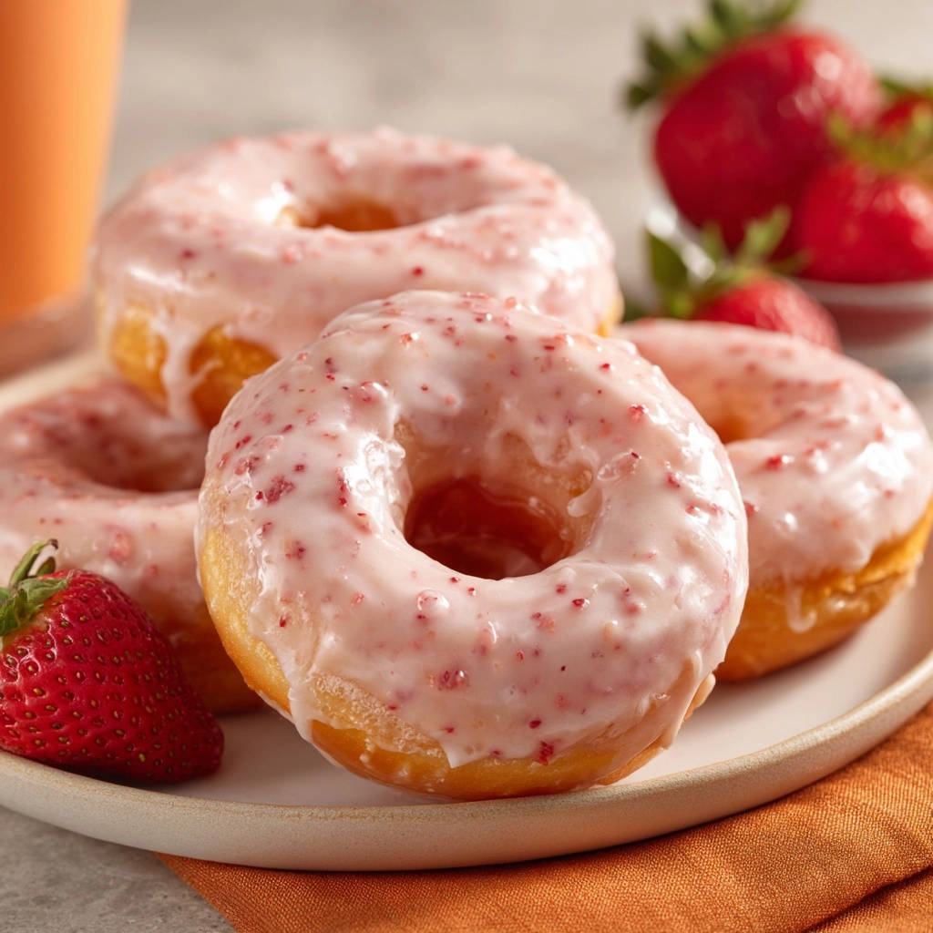 Erdbeer-glasierte Donuts mit fluffiger Konsistenz und frischen Erdbeeren, Nahaufnahme der glasierten Oberfläche.