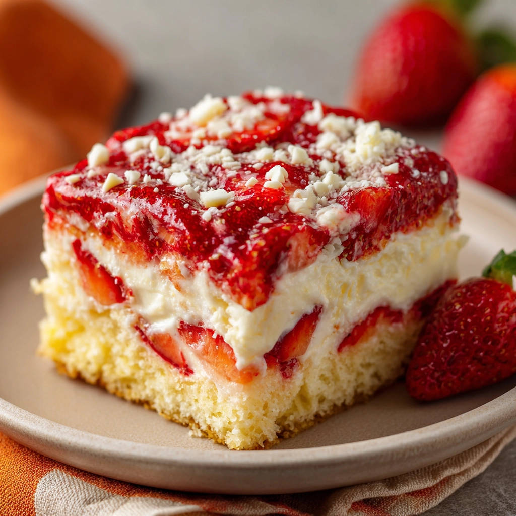 Erdbeer-Sahne-Schnitten im Anschnitt mit frischen Erdbeeren und Sahnecreme, garniert mit weißen Schokostückchen.