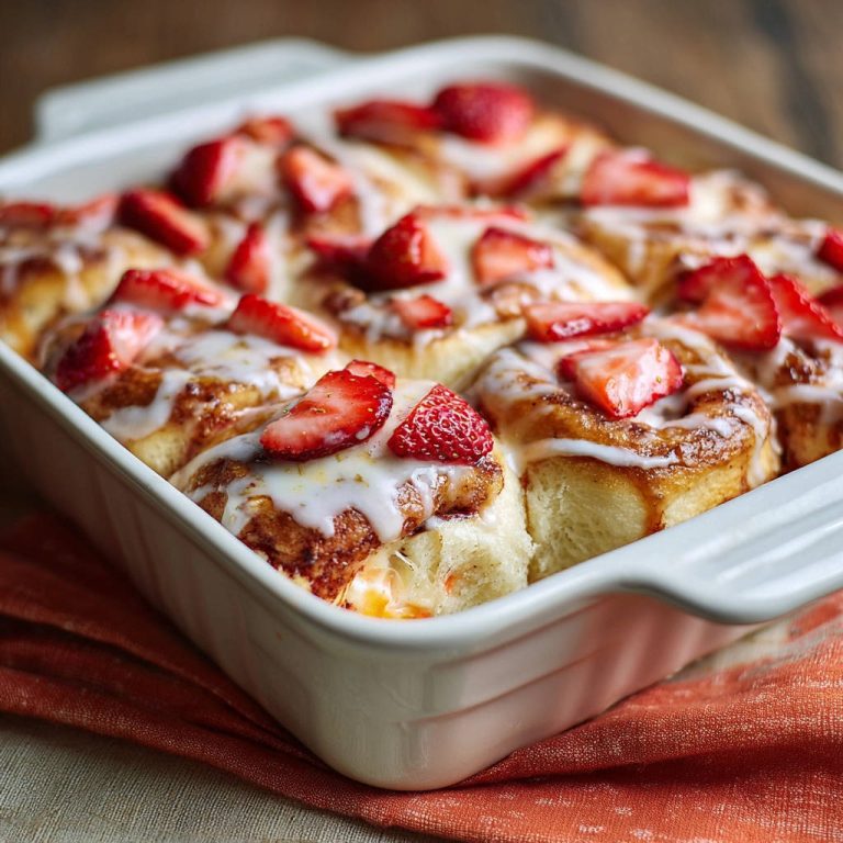 Saftige Erdbeer-Zimtschnecken mit Zuckerguss und frischen Erdbeerstücken in einer Auflaufform, Nahaufnahme.