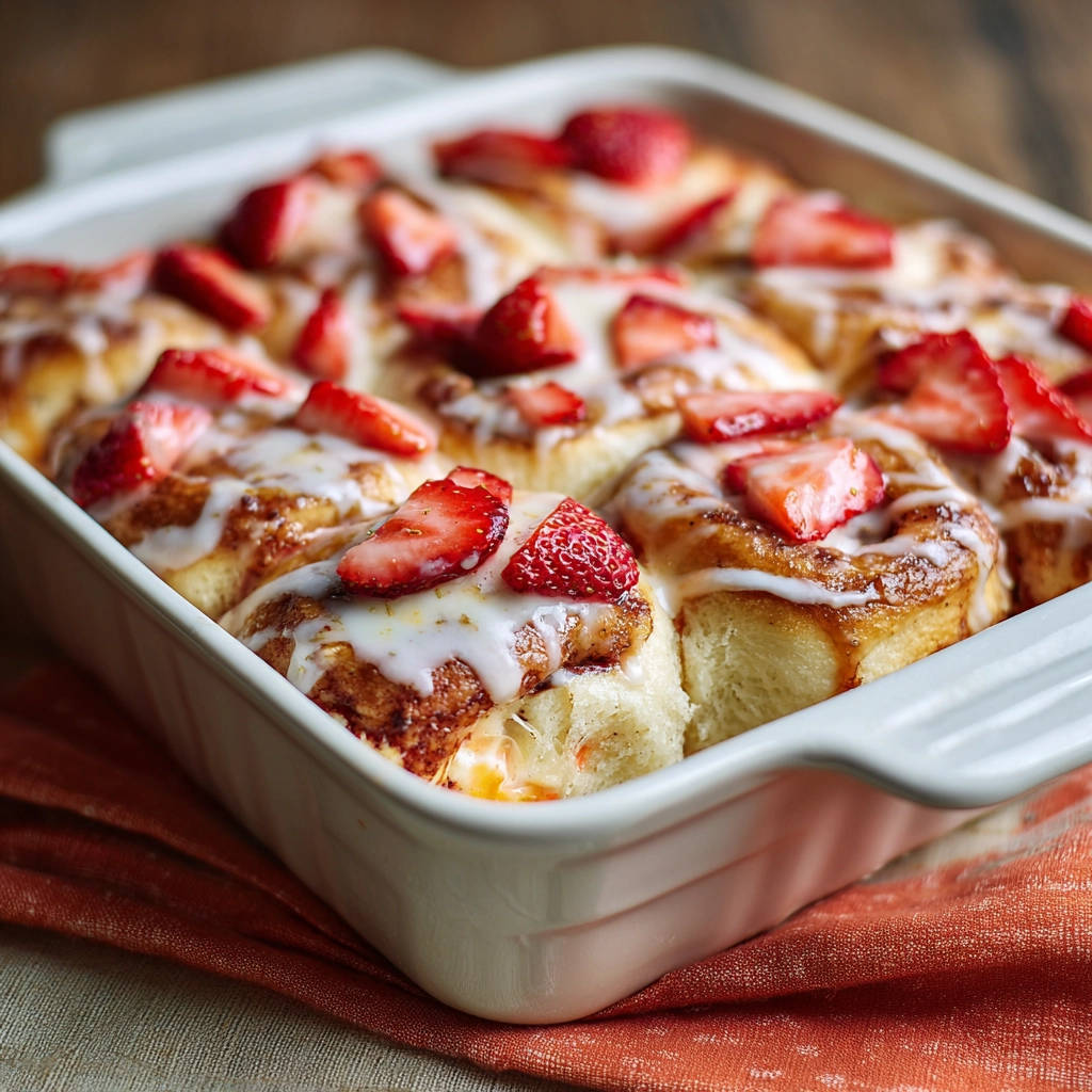 Saftige Erdbeer-Zimtschnecken mit Zuckerguss und frischen Erdbeerstücken in einer Auflaufform, Nahaufnahme.