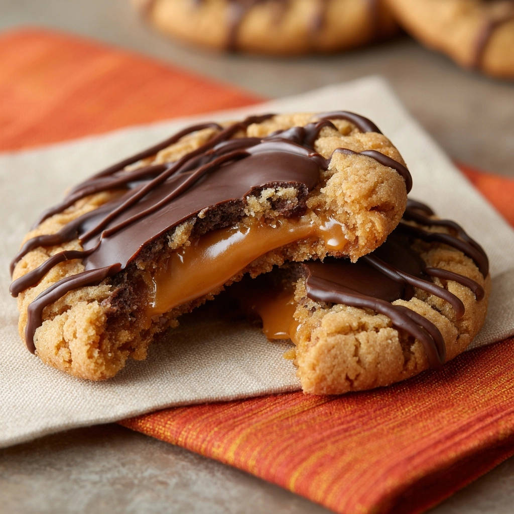 Erdnussbutter-Karamell-Cookies angeschnitten, die den flüssigen Karamellkern und die Schokoladenglasur zeigen