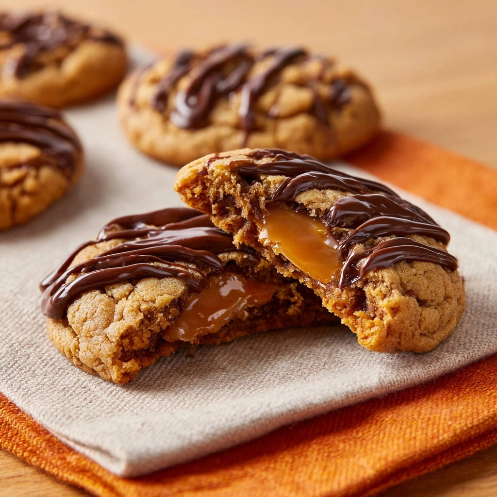 Erdnussbutter-Karamell-Cookies angeschnitten mit einem gooey Karamellkern, beträufelt mit Schokolade.
